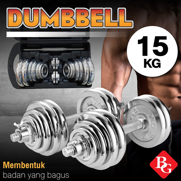 BG SPORT Dumbbell Set 15Kg Besi Chrome Alat Olahraga Angkat Besi Q303